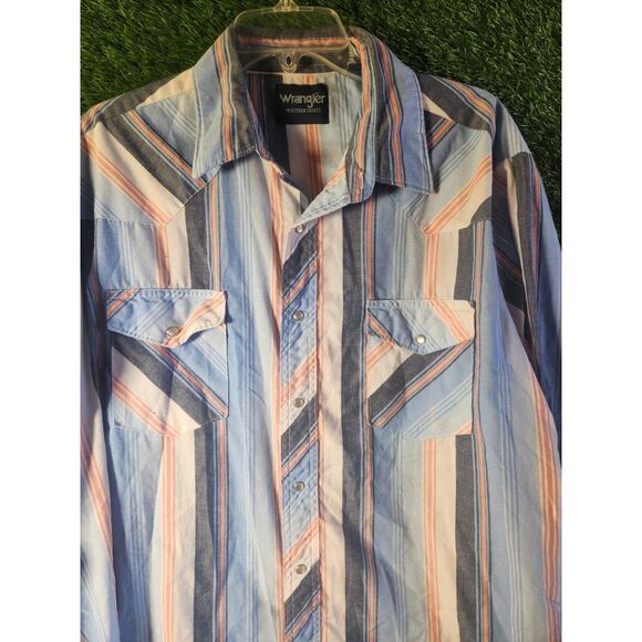 Wrangler Pearl Snap Striped Western Long Sleeve Shirt Mens Size large tall Blue - Picture 2 of 7